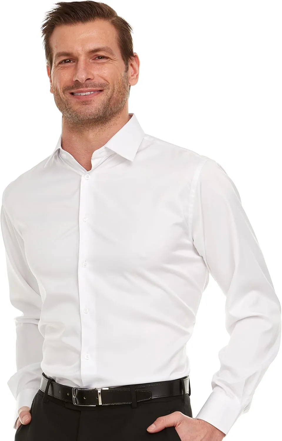 Geoffrey Beene Mens Slim Fit Sateen Stretch Button Down Dress Shirt Formal Wrinkle Resistant