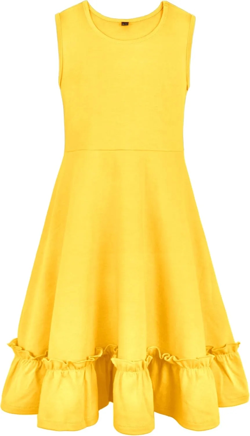 Girls Summer Dress Cute Sleeveless Soild Color Ruffle Hemline Swing A-line Sundress