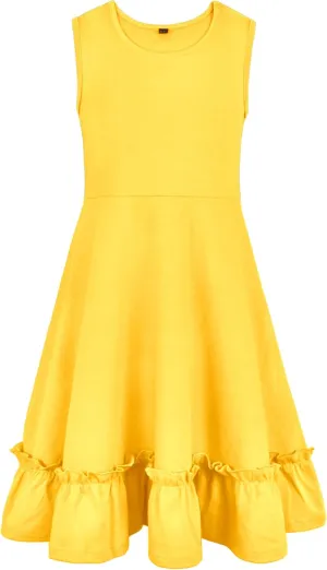 Girls Summer Dress Cute Sleeveless Soild Color Ruffle Hemline Swing A-line Sundress