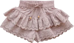 Girl's Wide Leg Floral Pattern Shorts Summer Cute Layered Lace Ruffle Outdoor Skirt Kids High Waisted Girl Pants