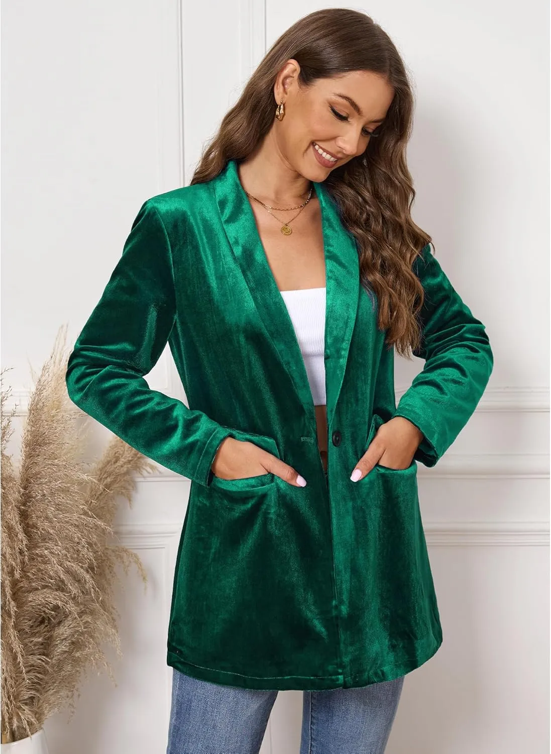 GRAPENT Velvet Blazers Jackets for Women Business Casual Oversized Long Suit Jacket Dressy Cardigan Blazer Work Office