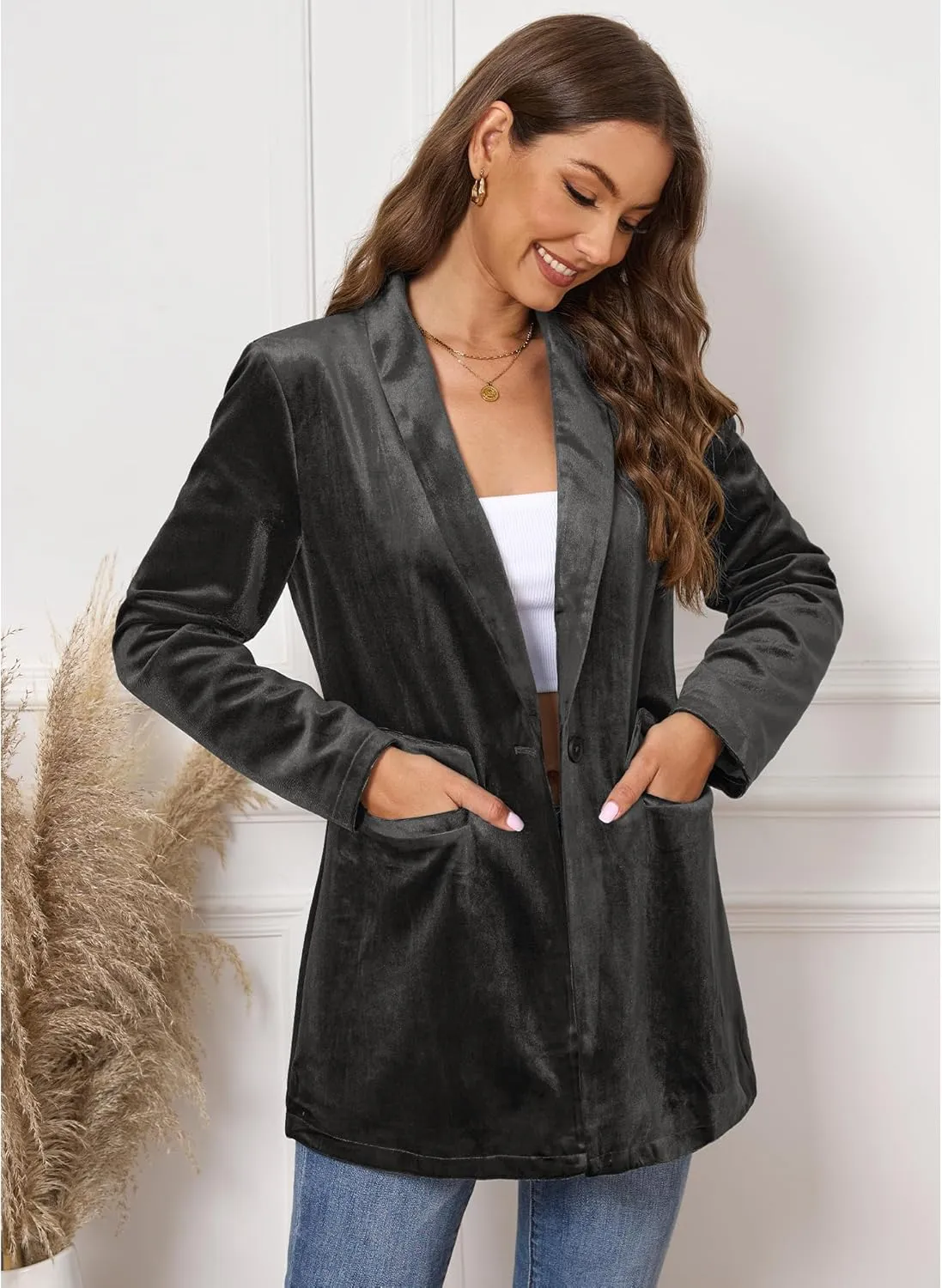 GRAPENT Velvet Blazers Jackets for Women Business Casual Oversized Long Suit Jacket Dressy Cardigan Blazer Work Office