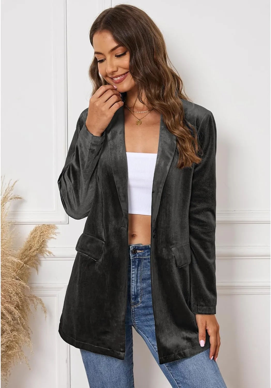 GRAPENT Velvet Blazers Jackets for Women Business Casual Oversized Long Suit Jacket Dressy Cardigan Blazer Work Office