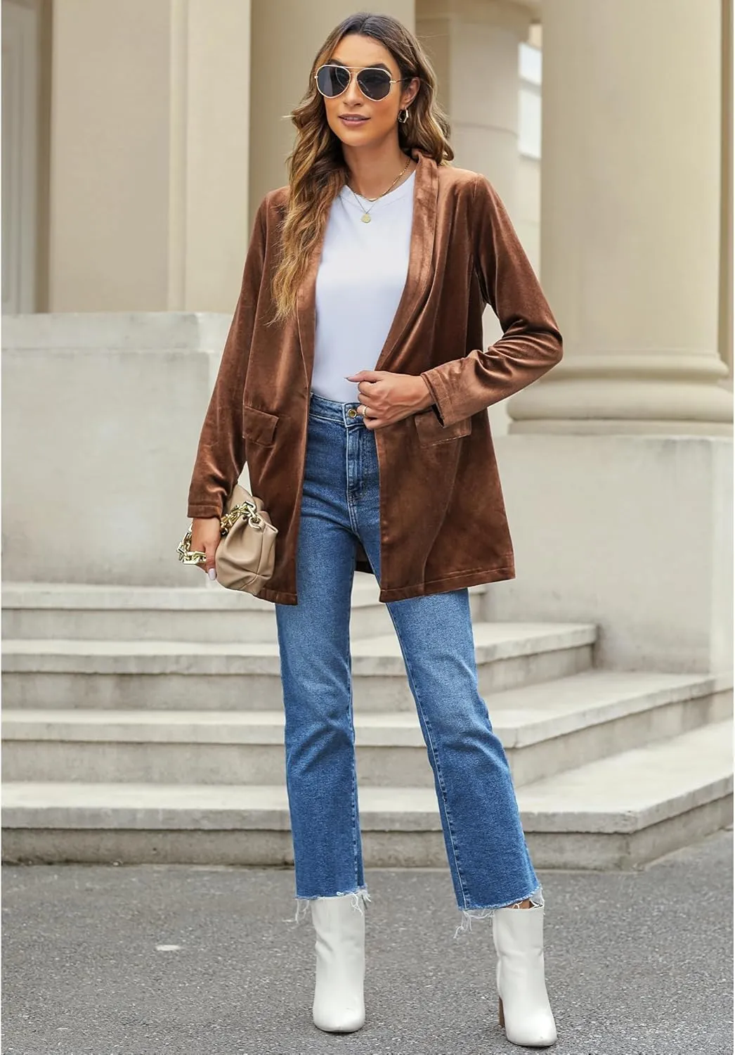 GRAPENT Velvet Blazers Jackets for Women Business Casual Oversized Long Suit Jacket Dressy Cardigan Blazer Work Office
