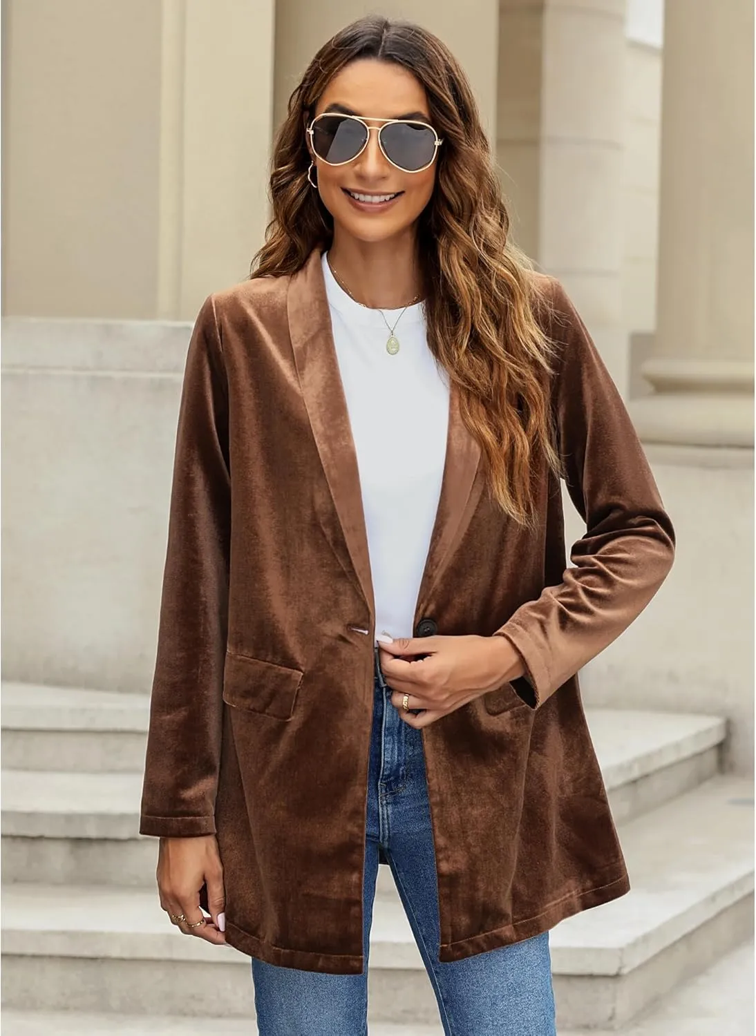 GRAPENT Velvet Blazers Jackets for Women Business Casual Oversized Long Suit Jacket Dressy Cardigan Blazer Work Office