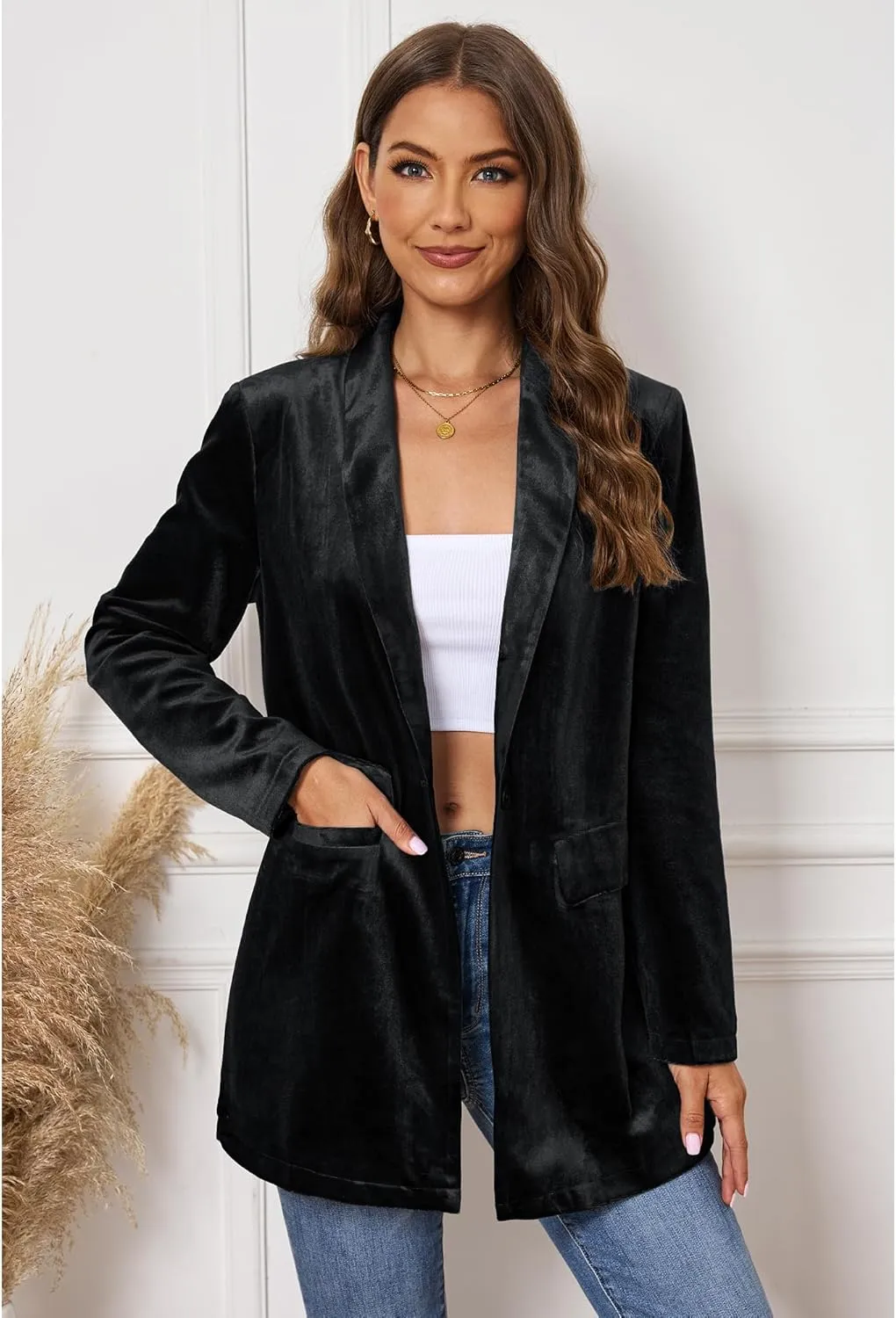 GRAPENT Velvet Blazers Jackets for Women Business Casual Oversized Long Suit Jacket Dressy Cardigan Blazer Work Office