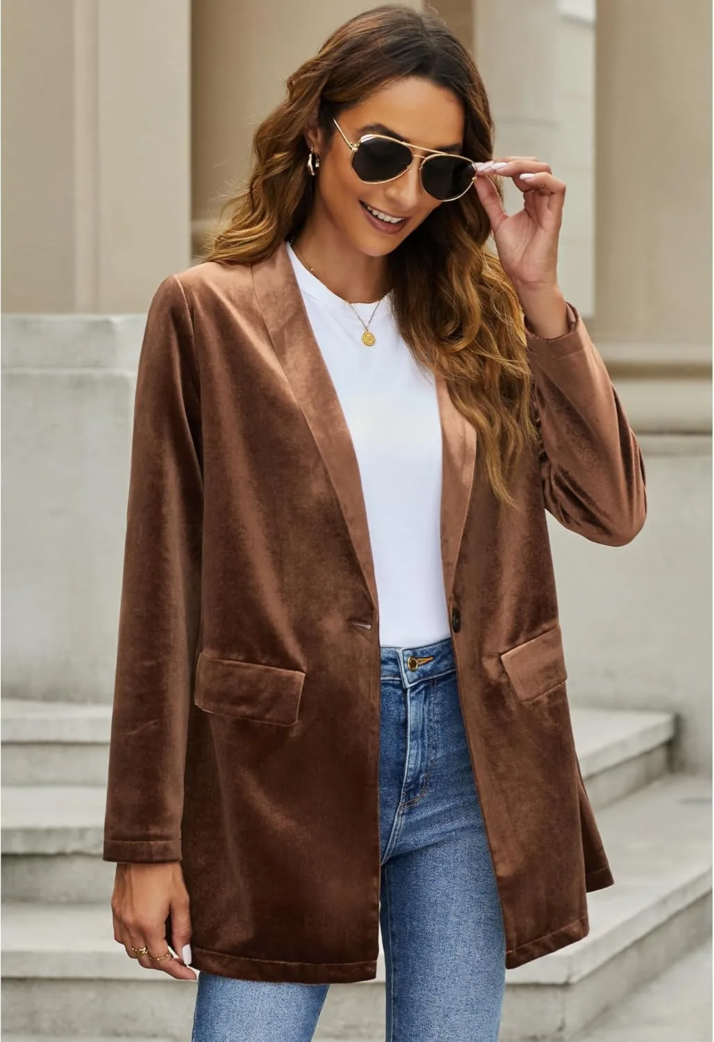 GRAPENT Velvet Blazers Jackets for Women Business Casual Oversized Long Suit Jacket Dressy Cardigan Blazer Work Office
