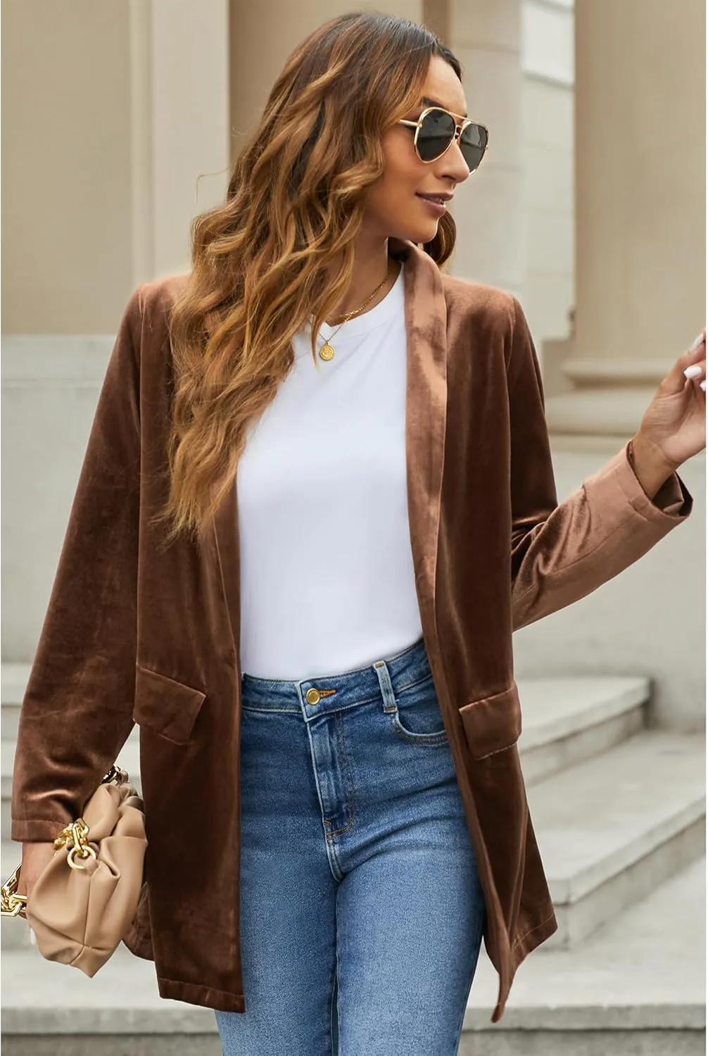 GRAPENT Velvet Blazers Jackets for Women Business Casual Oversized Long Suit Jacket Dressy Cardigan Blazer Work Office