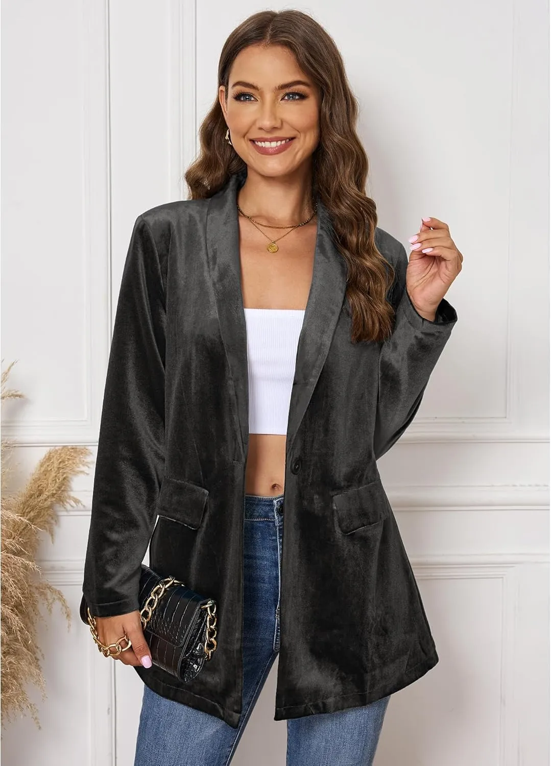 GRAPENT Velvet Blazers Jackets for Women Business Casual Oversized Long Suit Jacket Dressy Cardigan Blazer Work Office