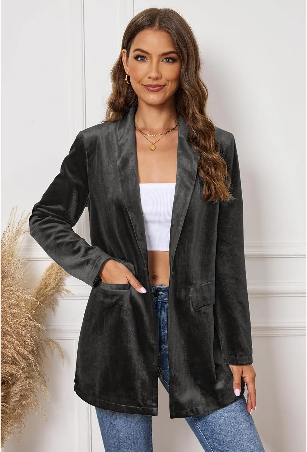 GRAPENT Velvet Blazers Jackets for Women Business Casual Oversized Long Suit Jacket Dressy Cardigan Blazer Work Office