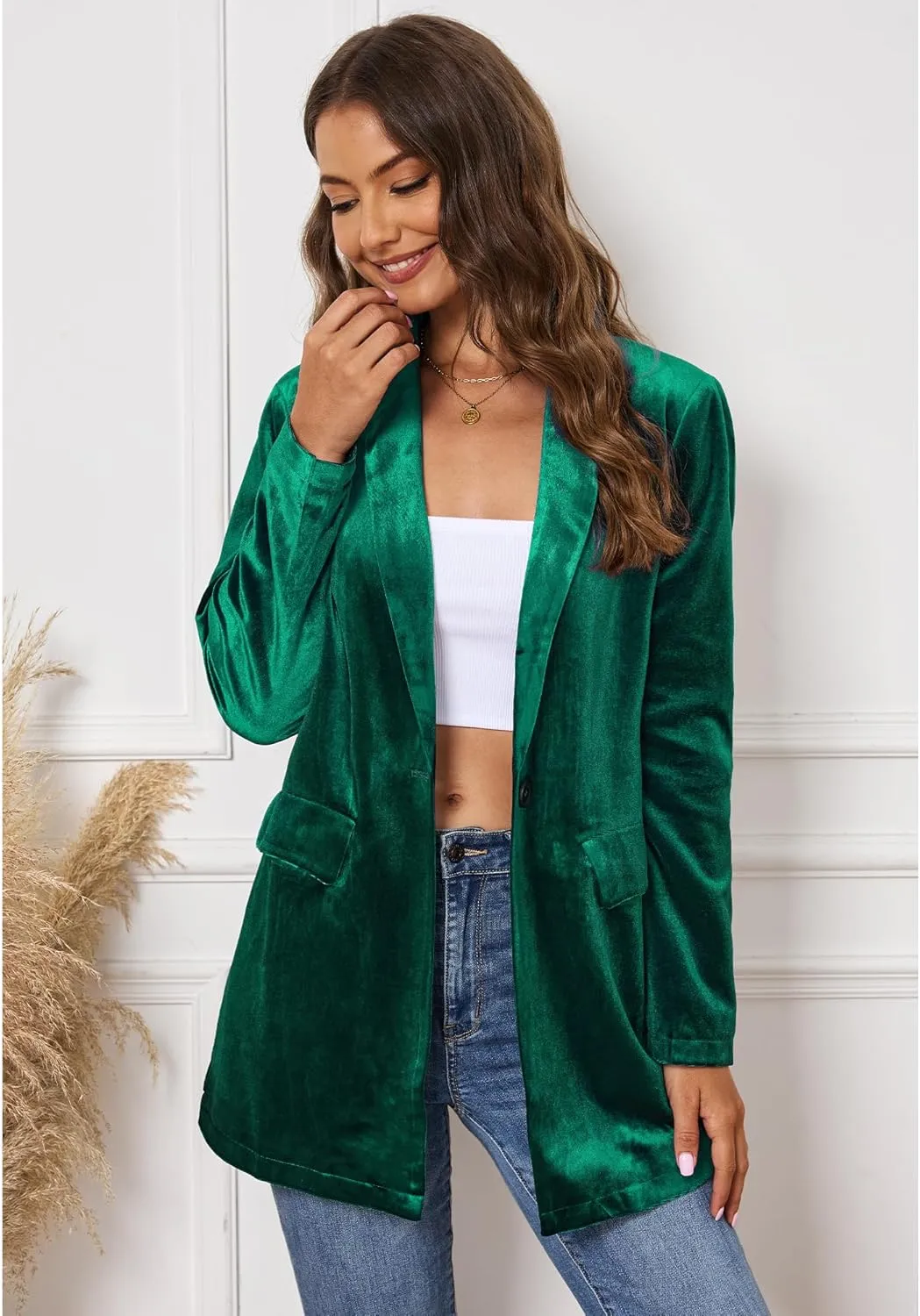 GRAPENT Velvet Blazers Jackets for Women Business Casual Oversized Long Suit Jacket Dressy Cardigan Blazer Work Office