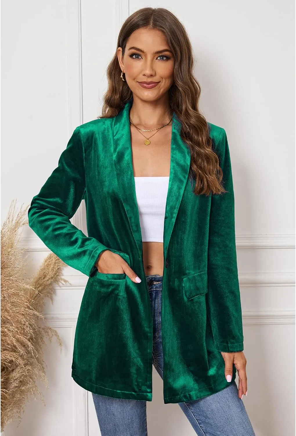 GRAPENT Velvet Blazers Jackets for Women Business Casual Oversized Long Suit Jacket Dressy Cardigan Blazer Work Office