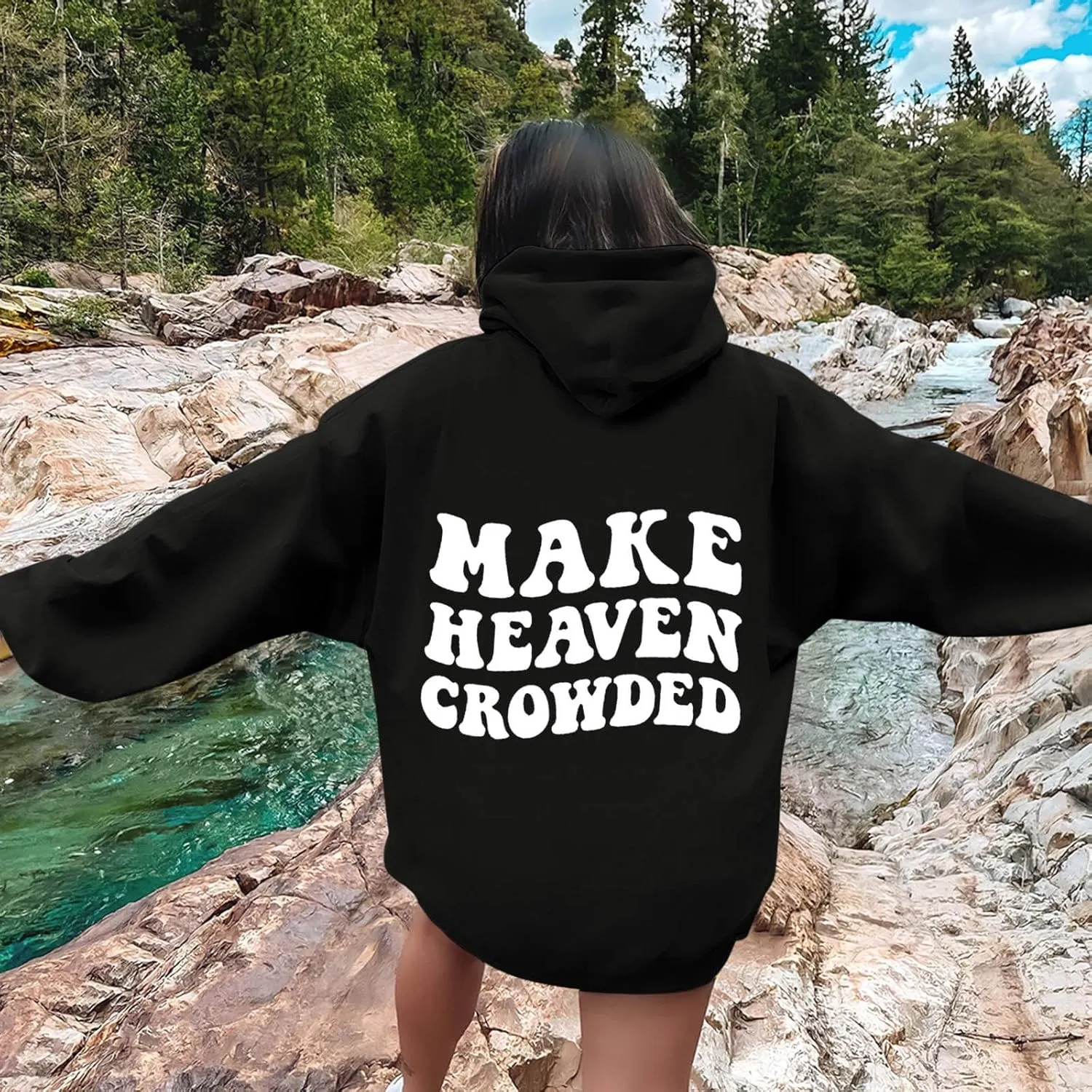 Graphic Hoodies Trendy Make Heaven Crowded Letter Printed Drawstring Long Sleeve Sweatshirt Fleece Hooded Sweatshirt Pullover