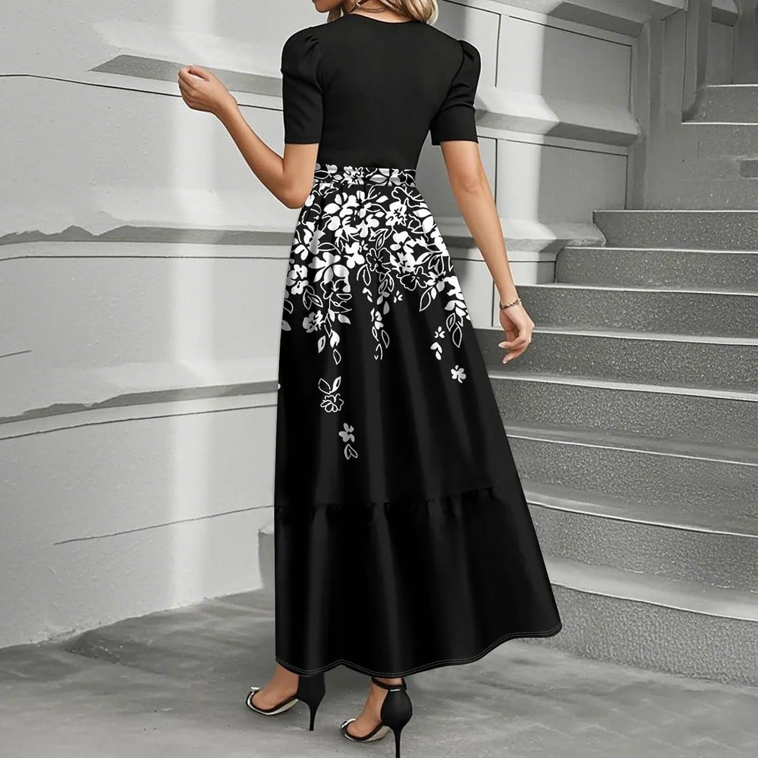 Guest Wedding Dresses for Women 2025 Summer Short Sleeve Floral Long Dress Elegant Party Cocktail A Line Flowy Maxi Dress