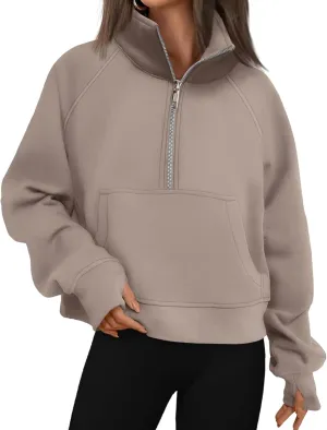 Half Zip Sweatshirt Women Cropped Fleece Pullover Tops Casual Long Sleeve Sweatshirts 2024 Fall Fashion