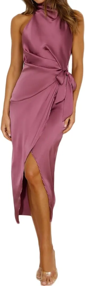 Halfisland Womens Summer Satin High Neck Sleeveless Wrap Dress Elegant Mock Neck Tie Waist Cocktail Formal Dresses Plum