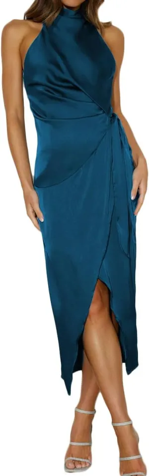 Halfisland Womens Summer Satin High Neck Sleeveless Wrap Dress Elegant Mock Neck Tie Waist Cocktail Formal Dresses