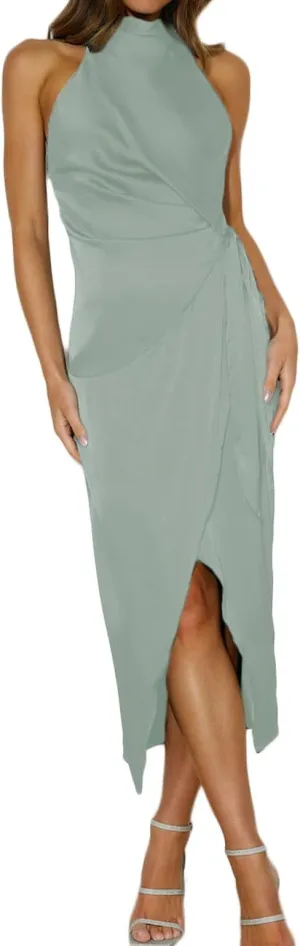 Halfisland Womens Summer Satin High Neck Sleeveless Wrap Dress Elegant Mock Neck Tie Waist Cocktail Formal Dresses