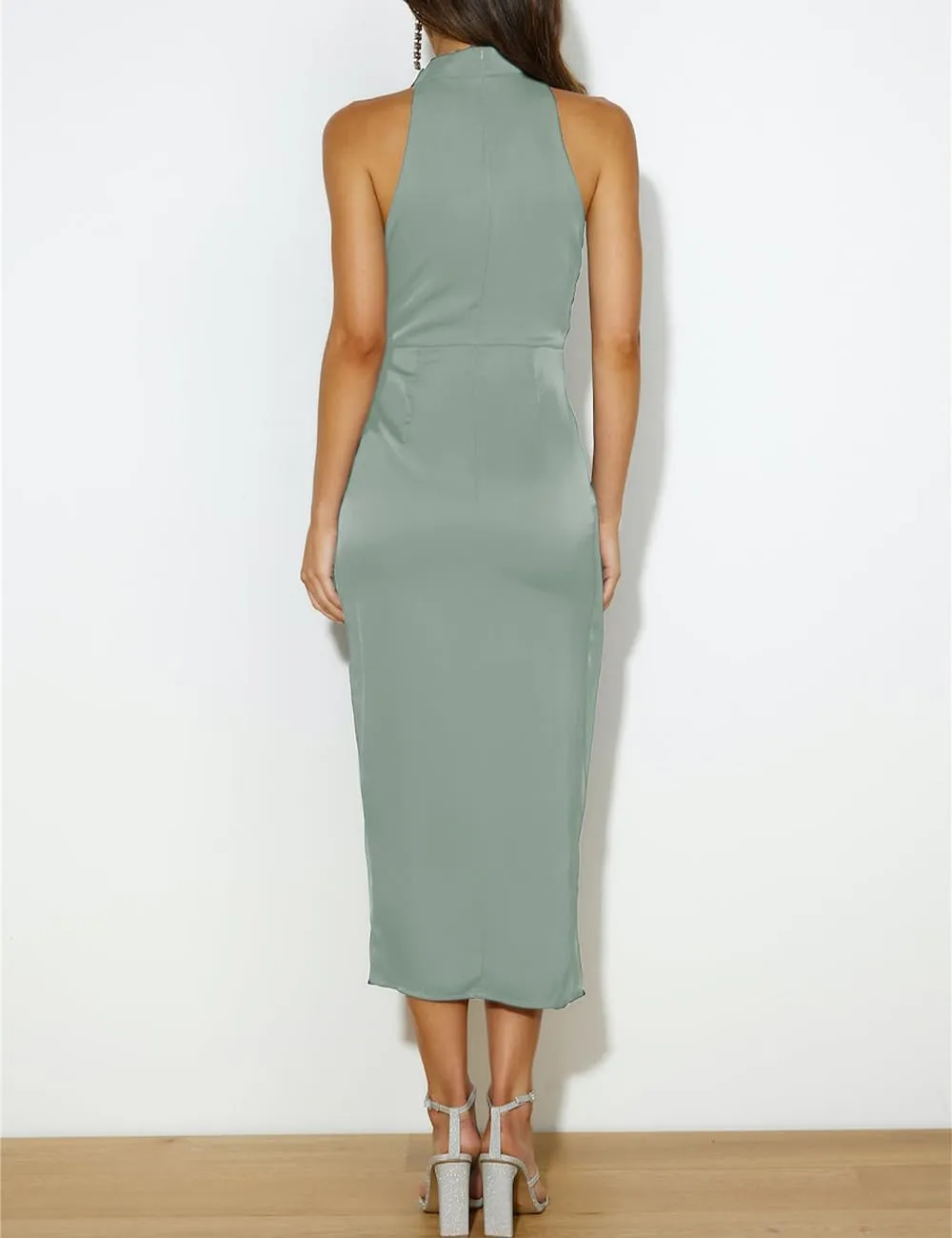 Halfisland Womens Summer Satin High Neck Sleeveless Wrap Dress Elegant Mock Neck Tie Waist Cocktail Formal Dresses