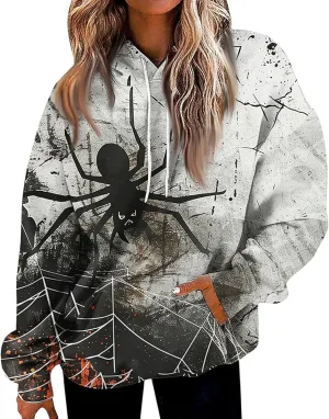 Halloween Hoodies for Women Trendy 2024 Halloween Printed Pullover Long Sleeve Drawstring Sweatshirts with Pocket