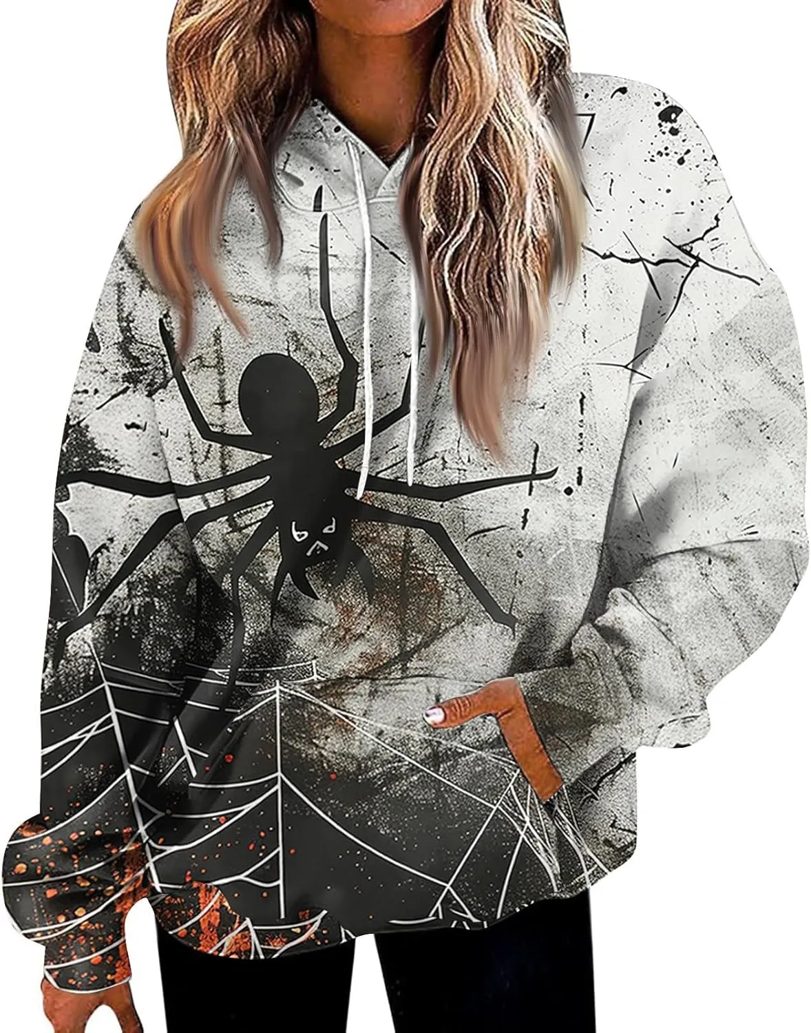 Halloween Hoodies for Women Trendy 2024 Halloween Printed Pullover Long Sleeve Drawstring Sweatshirts with Pocket