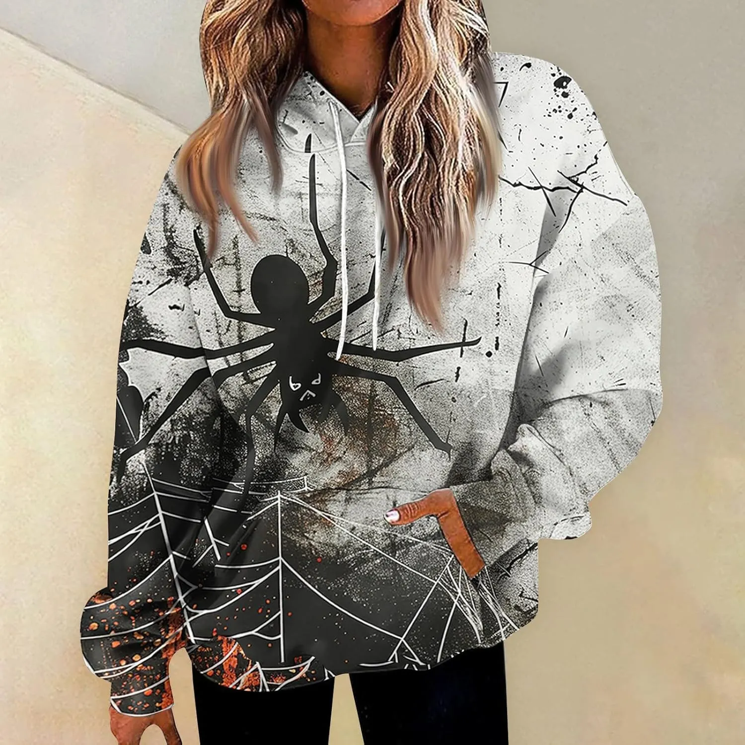 Halloween Hoodies for Women Trendy 2024 Halloween Printed Pullover Long Sleeve Drawstring Sweatshirts with Pocket