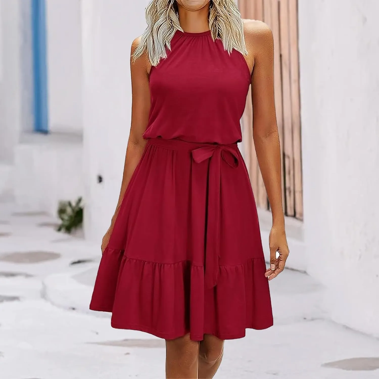 Halter Dresses for Women 2025 Crew Neck Tunic Summer Mini Dress Ruffle A Line Casual Dress Sundresses with Pockets
