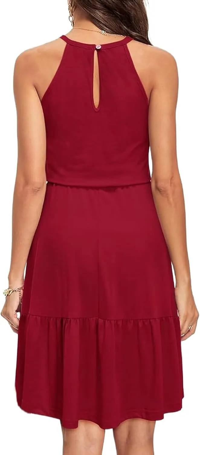 Halter Dresses for Women 2025 Crew Neck Tunic Summer Mini Dress Ruffle A Line Casual Dress Sundresses with Pockets