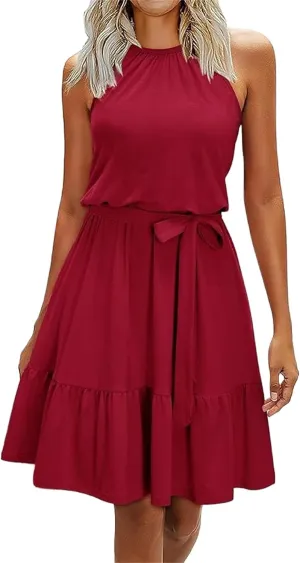 Halter Dresses for Women 2025 Crew Neck Tunic Summer Mini Dress Ruffle A Line Casual Dress Sundresses with Pockets