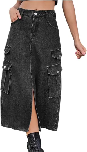 HGps8w Womens Summer Split Front Cargo Skirt Casual High Waisted A-Line Midi Long Denim Skirts