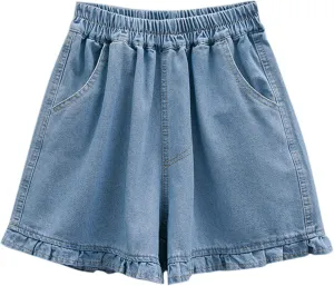 High Waist Elastic Denim Shorts for Women Loose Fit Lightweight Jean Shorts with Pockets Casual Lounge Wear