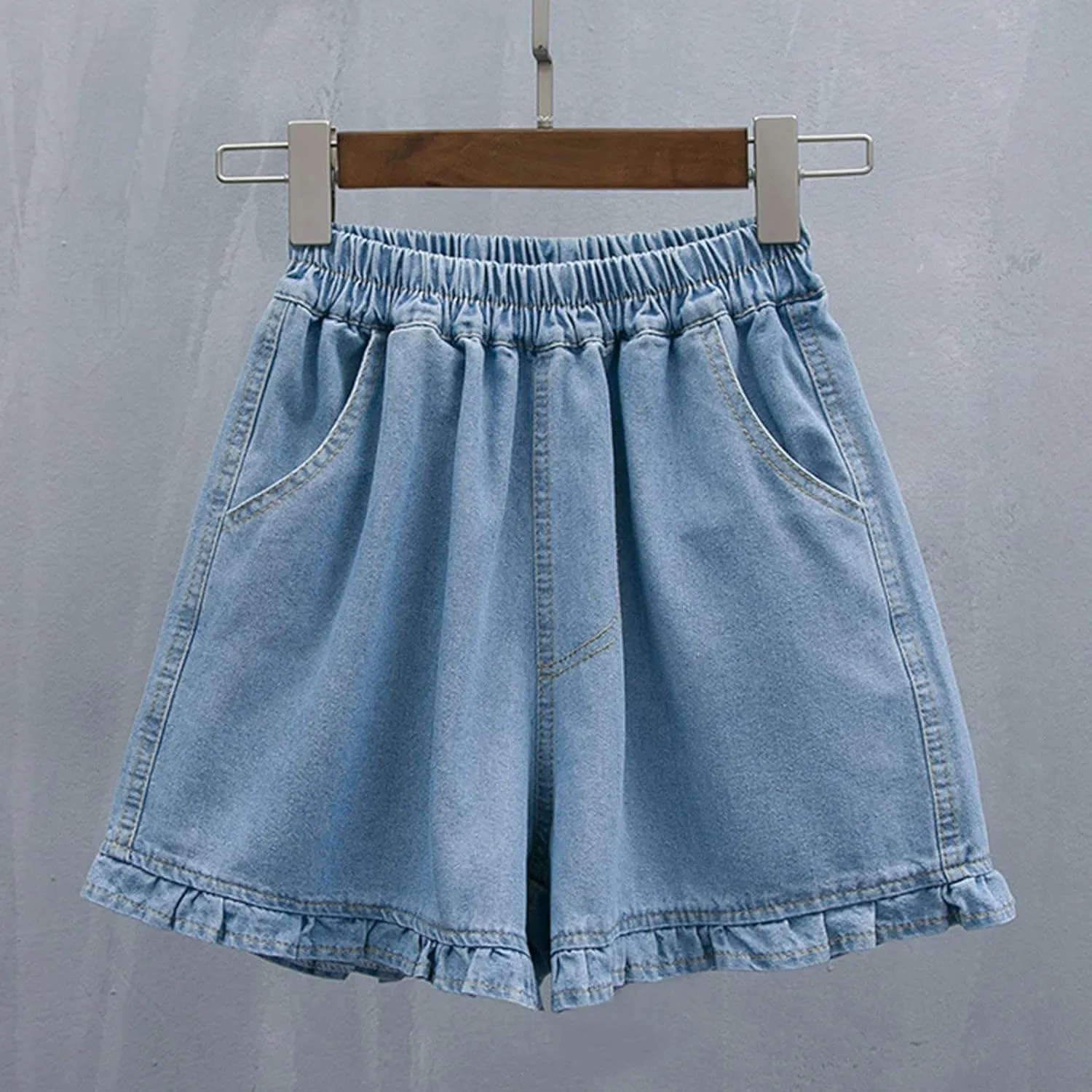 High Waist Elastic Denim Shorts for Women Loose Fit Lightweight Jean Shorts with Pockets Casual Lounge Wear