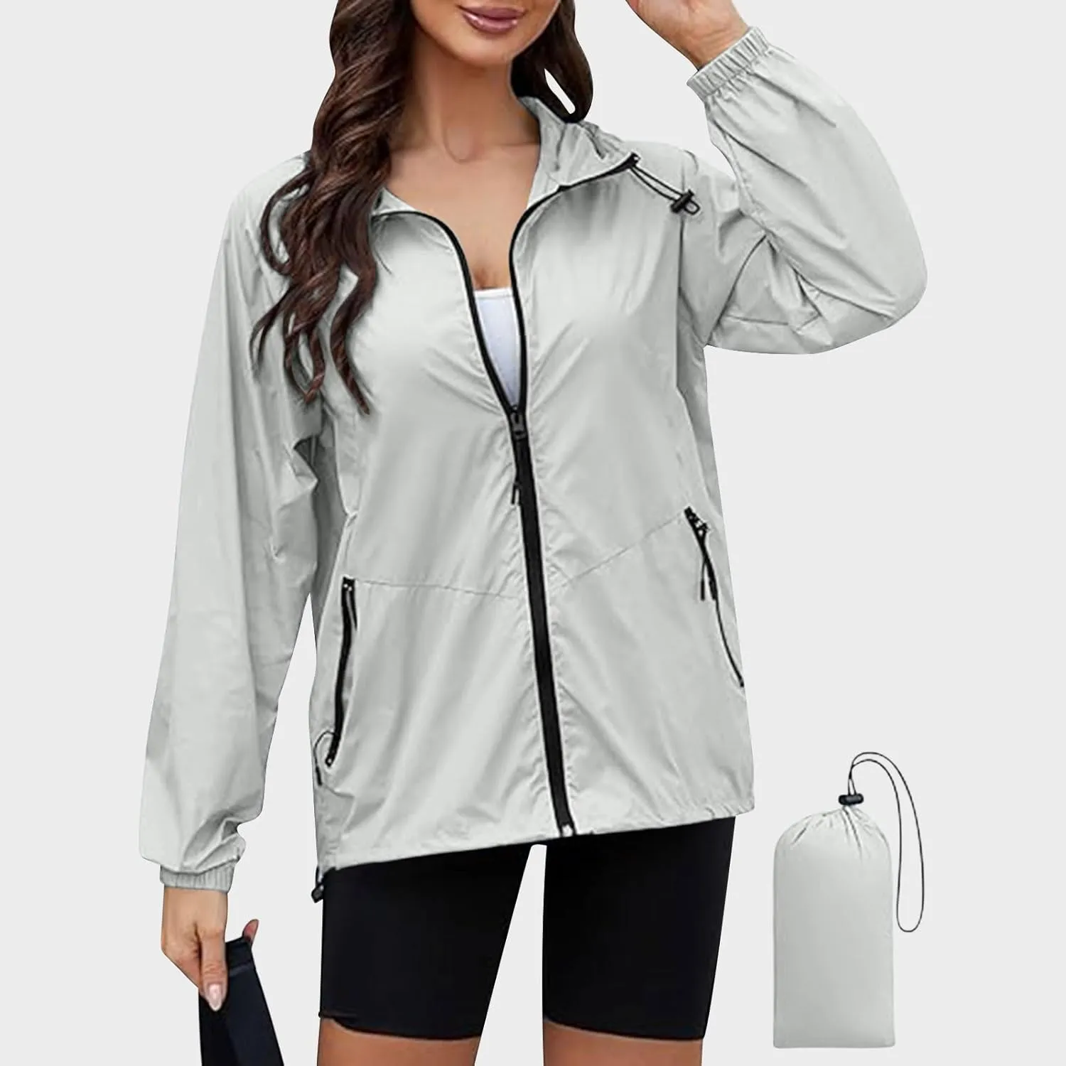 Hooded Rain Jacket for Women Lightweight Waterproof Windbreaker Jacket Packable Rain Coats with Pockets