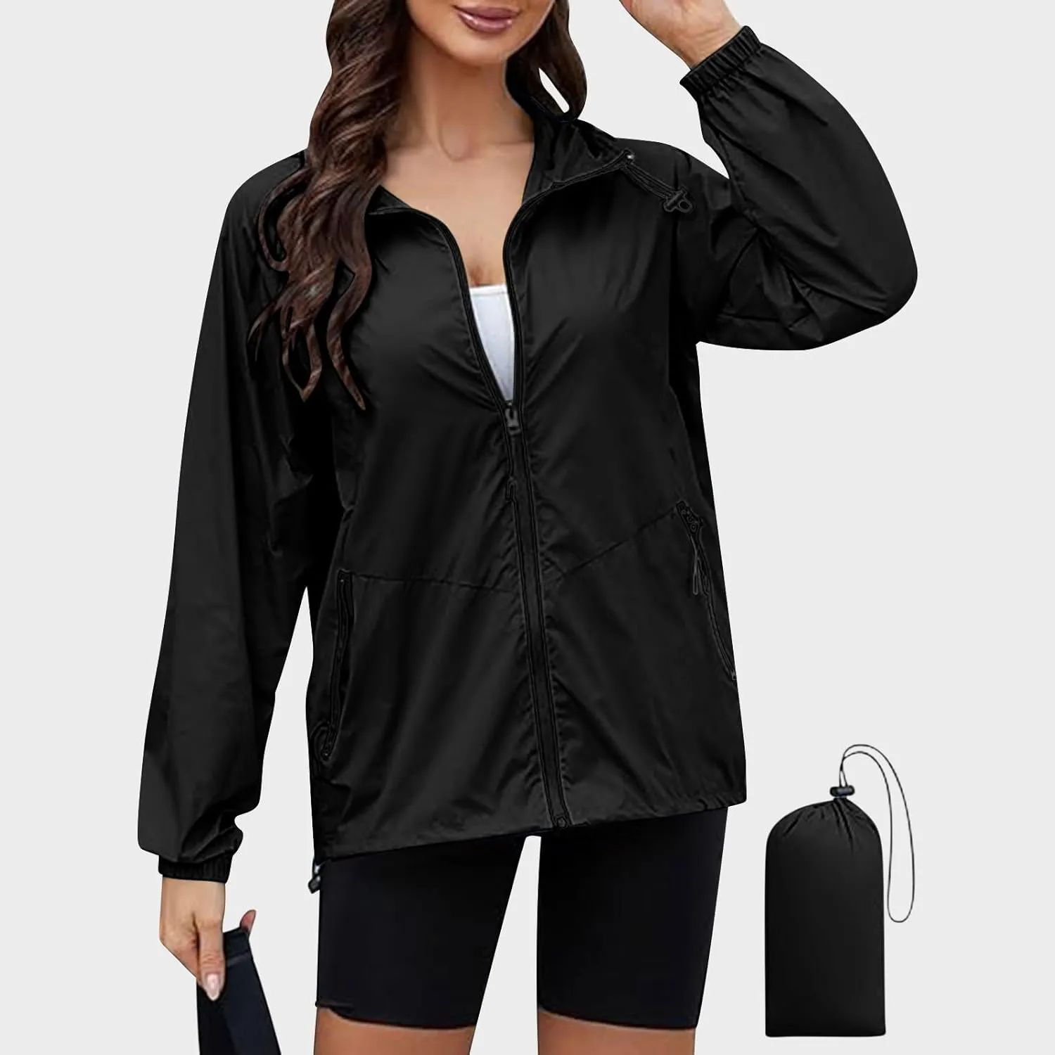 Hooded Rain Jacket for Women Lightweight Waterproof Windbreaker Jacket Packable Rain Coats with Pockets