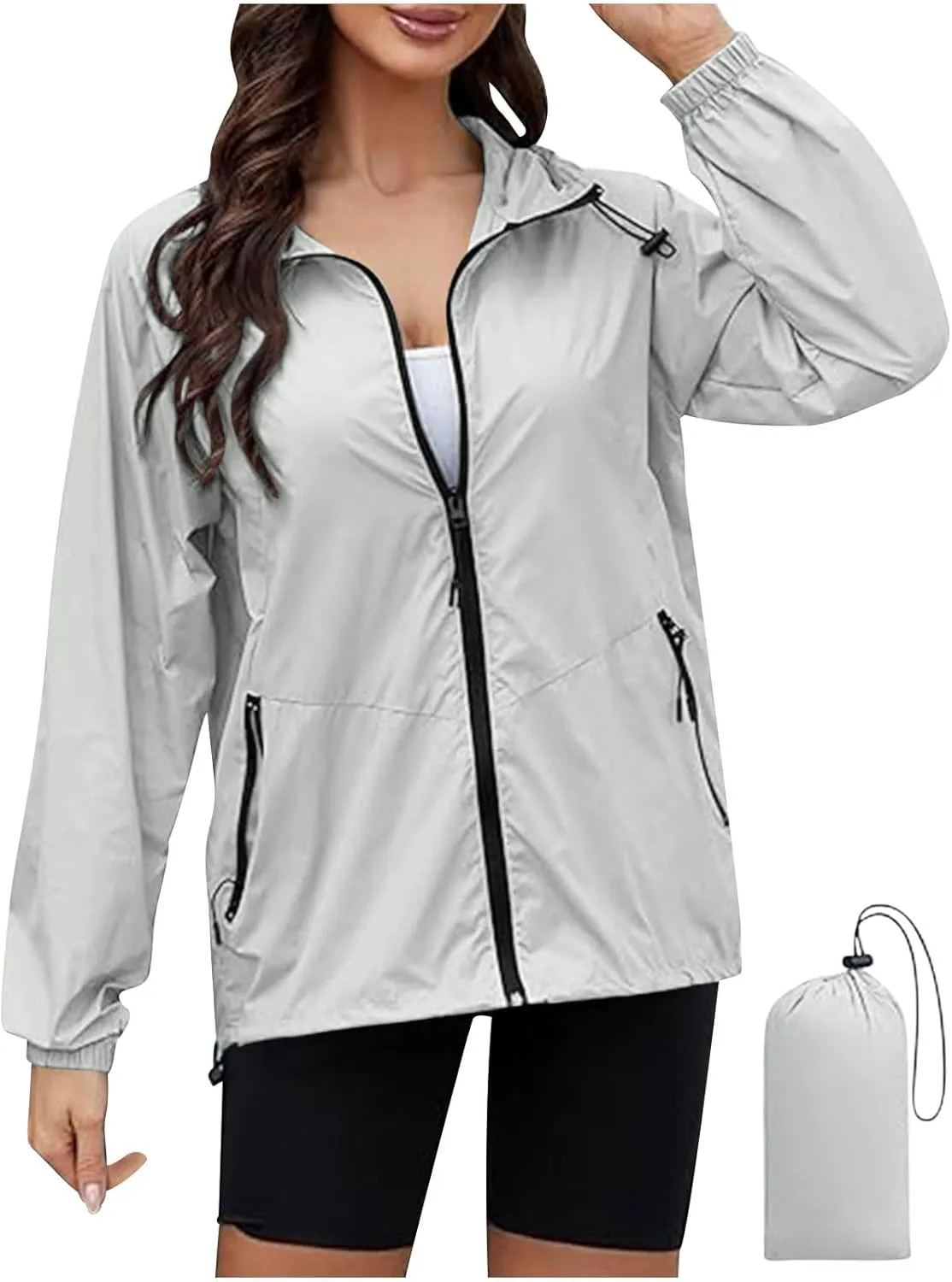 Hooded Rain Jacket for Women Lightweight Waterproof Windbreaker Jacket Packable Rain Coats with Pockets