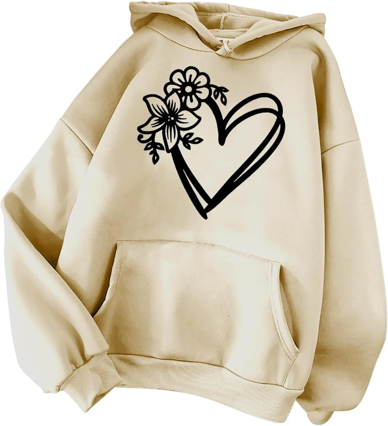 Hoodies for Women Heart Print Floral Graphic Sweatshirt Casual Long Sleeve Drawstring Hoodie with Pocket