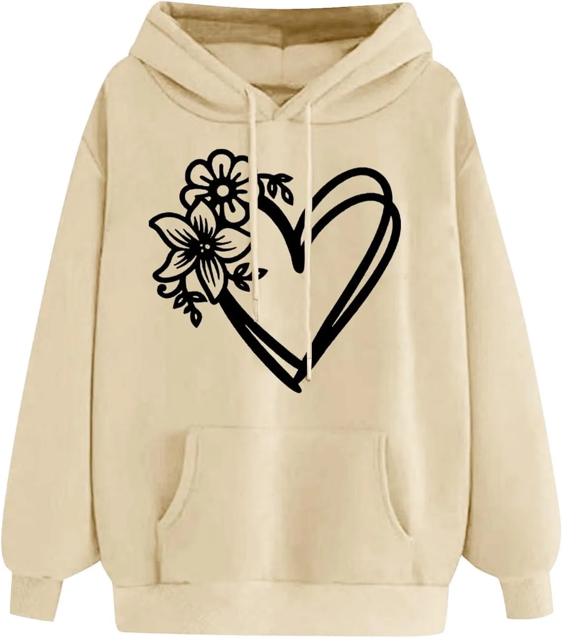 Hoodies for Women Heart Print Floral Graphic Sweatshirt Casual Long Sleeve Drawstring Hoodie with Pocket