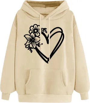 Hoodies for Women Heart Print Floral Graphic Sweatshirt Casual Long Sleeve Drawstring Hoodie with Pocket