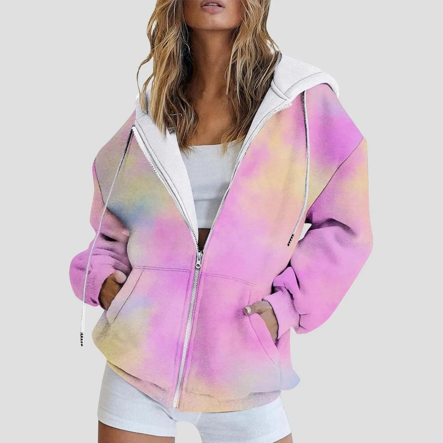 Hoodies for Women Oversized Full Zip Up Clothes Trendy Ombre Tie Dye Hoodies for Women Drawstring Thick Warm Jackets