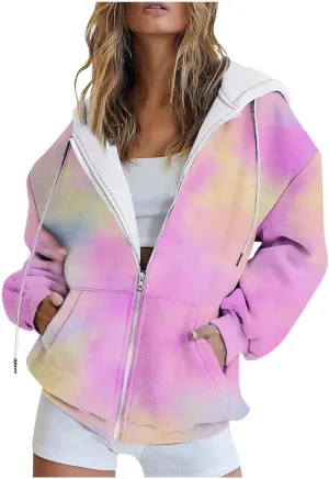 Hoodies for Women Oversized Full Zip Up Clothes Trendy Ombre Tie Dye Hoodies for Women Drawstring Thick Warm Jackets
