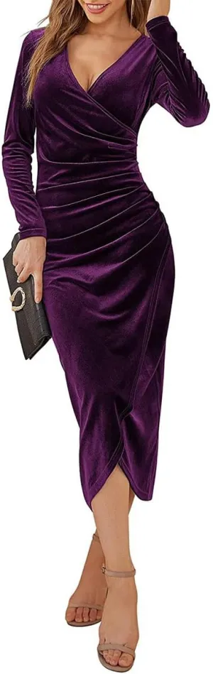 IBTOM CASTLE Women's Fall Winter Velvet Dress V Neck Long Sleeve Wrap Ruched Bodycon Cocktail Party Wedding Guest Maxi Dress