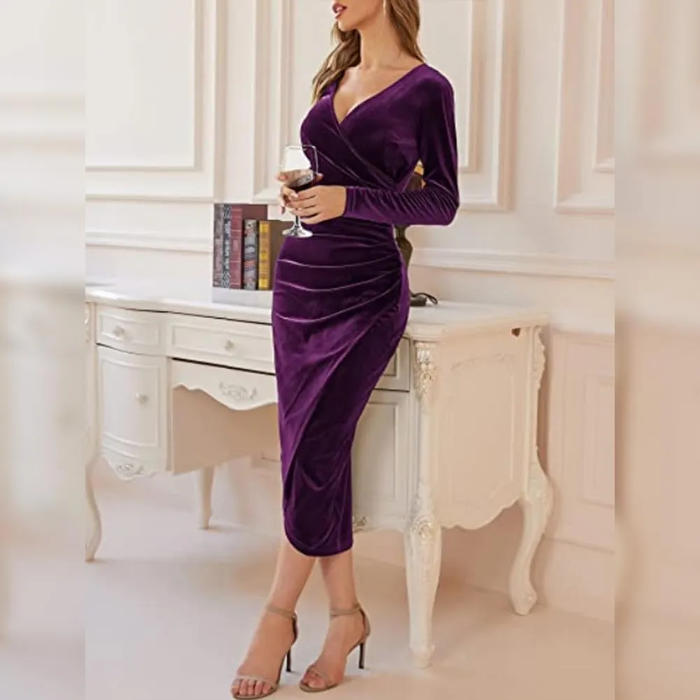 IBTOM CASTLE Women's Fall Winter Velvet Dress V Neck Long Sleeve Wrap Ruched Bodycon Cocktail Party Wedding Guest Maxi Dress