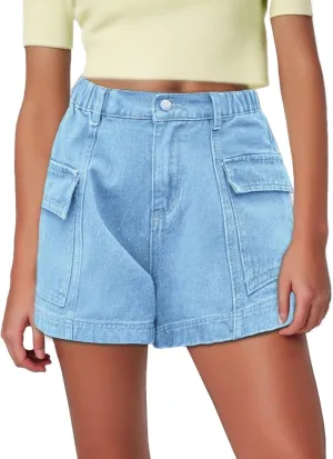 Jean Cargo Shorts for Women Baggy Front Button Lightweight Denim Shorts Stretch Sexy Vacation Travel Hiking Short
