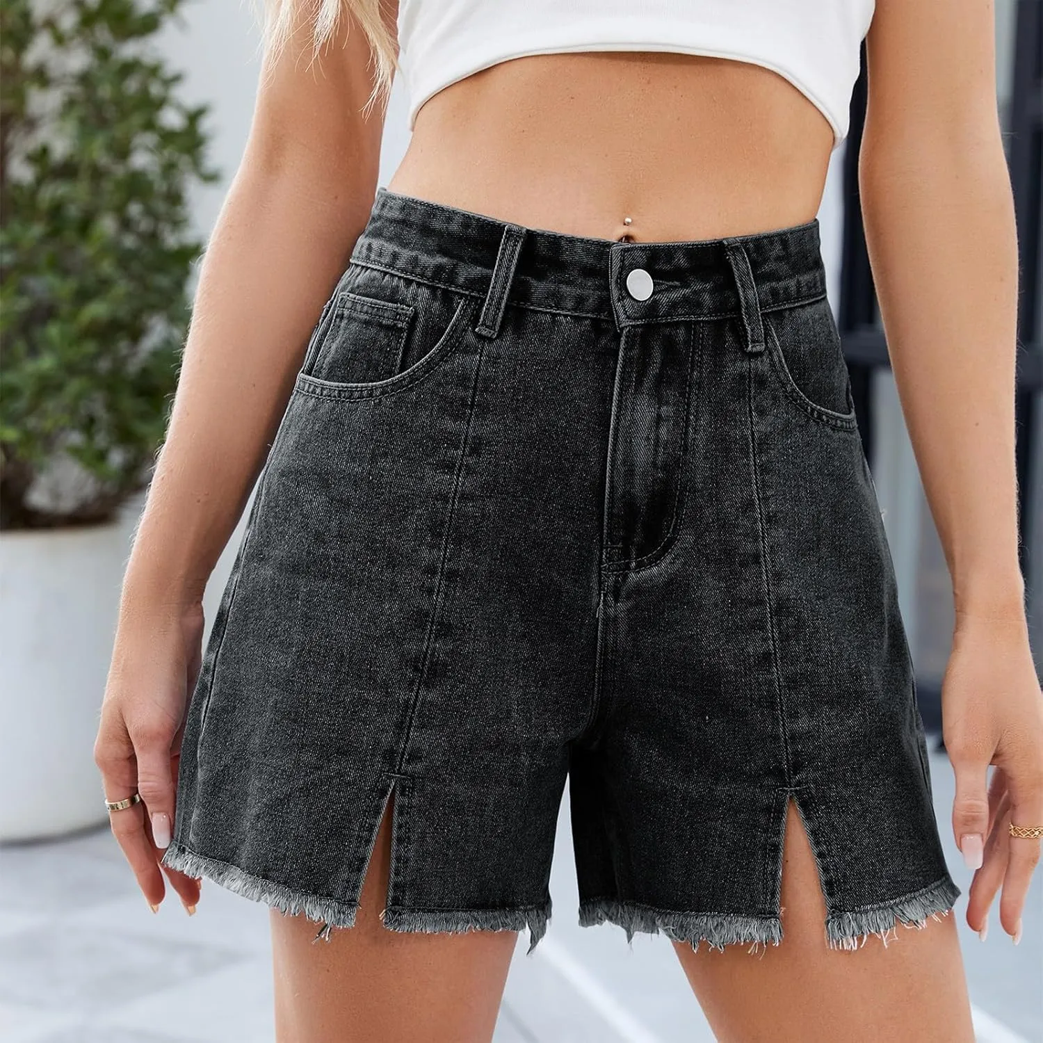 Jean Shorts Womens Stretchy High Waisted Denim Shorts Slim Fit Y2k Jorts Split Distressed Frayed Raw Hem Short Jeans