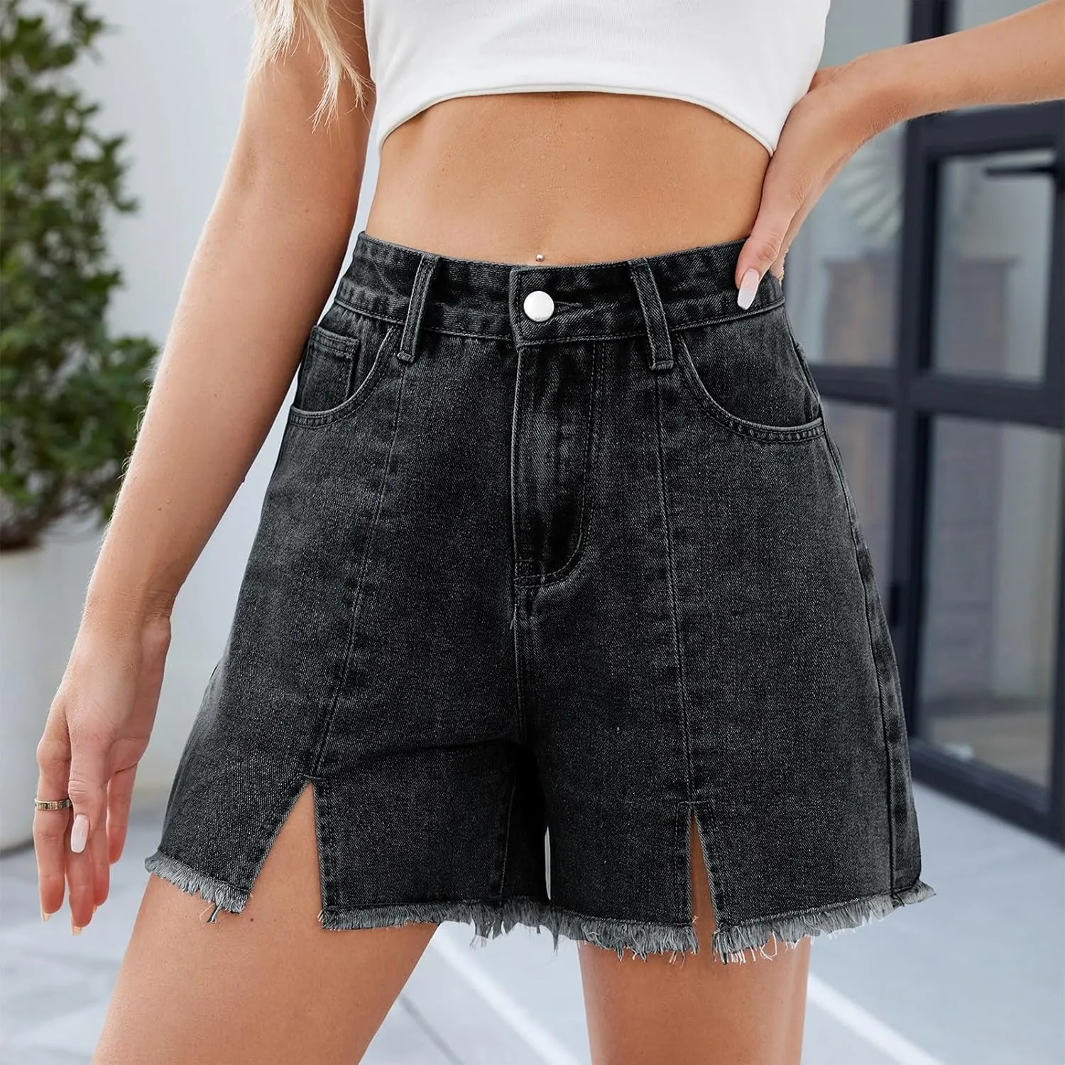 Jean Shorts Womens Stretchy High Waisted Denim Shorts Slim Fit Y2k Jorts Split Distressed Frayed Raw Hem Short Jeans