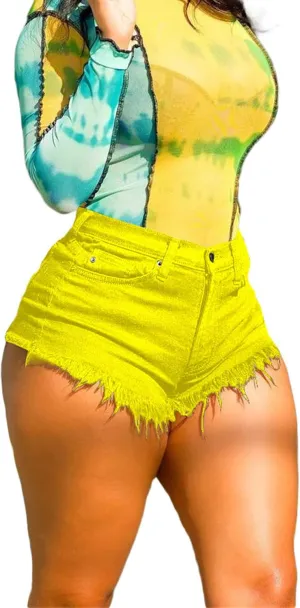 JEKE-DG Women High Waisted Denim Shorts Frayed Raw Hem Ripped Jeans Shorts Casual Stretchy Jean Shorts for Summer