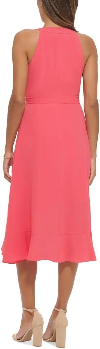 kensie Women's Sleeveless Ruffle Trim Faux Wrap Midi Dress