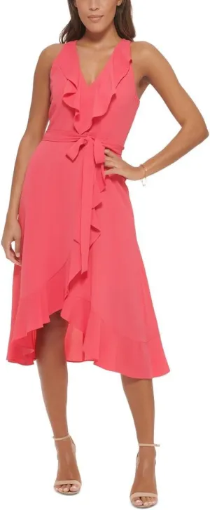 kensie Women's Sleeveless Ruffle Trim Faux Wrap Midi Dress