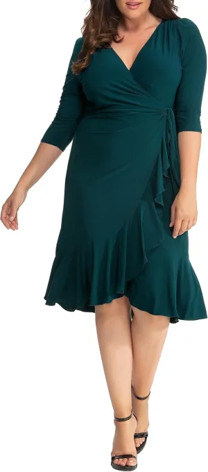 Kiyonna Plus Size Whimsy Ruffled Midi Wrap Dress with Sleeves - Cocktail, Party, Wedding Guest or Work