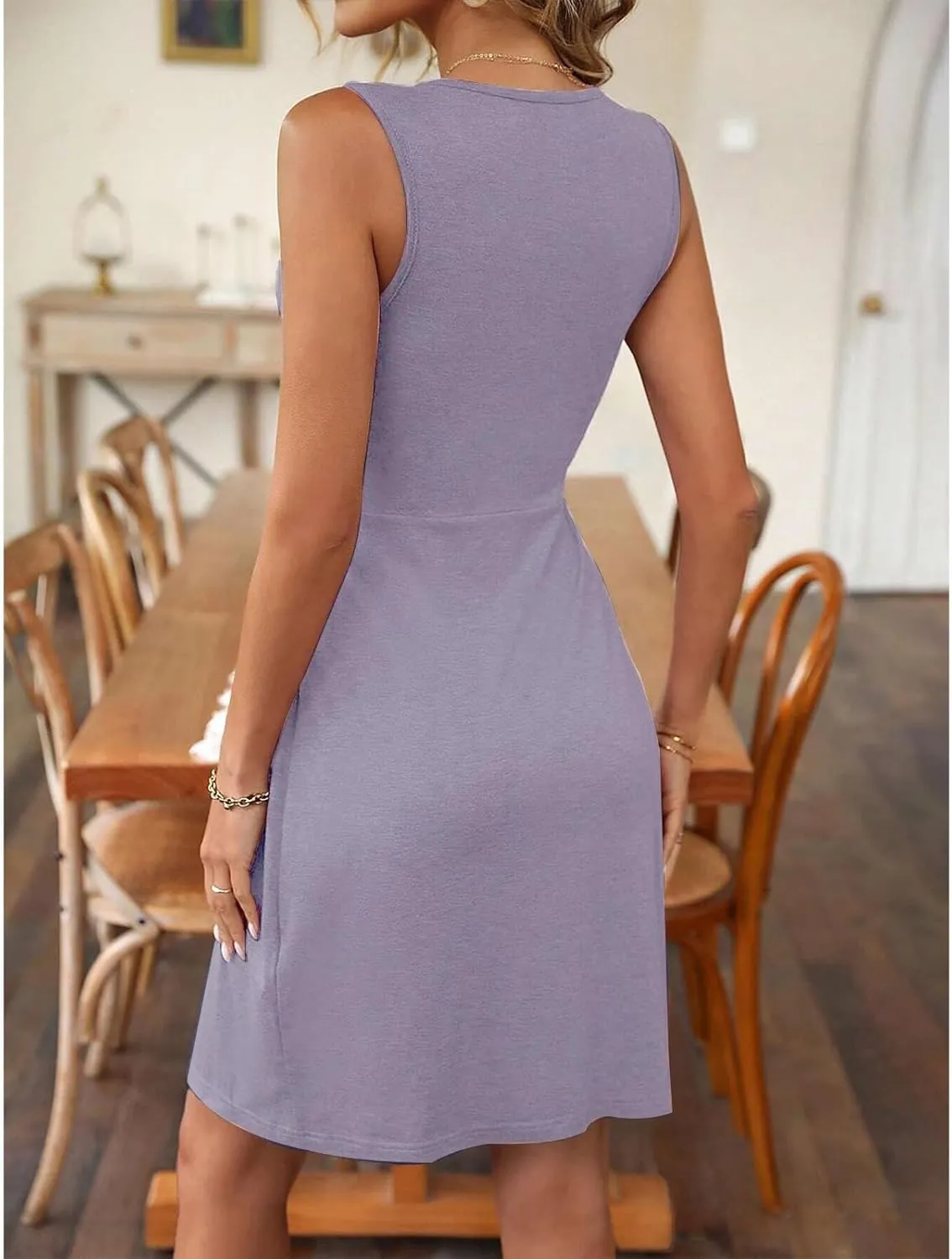 Knotted Front Dresses for Women V Neck Sleeveless Tank Dresses A Line Casual Sundress Vacasion Outfits